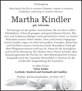 Traueranzeige von Martha Kindler von Super Sonntag Wittenberg