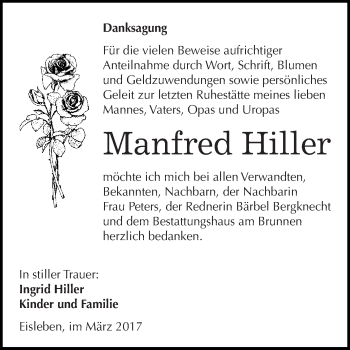 Traueranzeige von Manfred Hiller von Super Sonntag SGH Mansf. Land