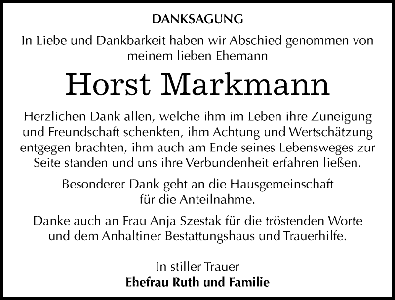  Traueranzeige für Horst Markmann vom 04.03.2017 aus Mitteldeutsche Zeitung Dessau-Roßlau