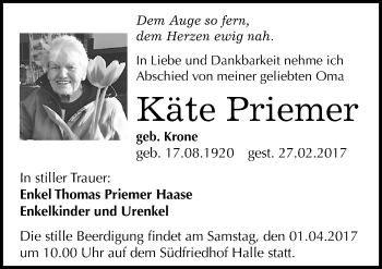 Traueranzeige von Käte Priemer von Mitteldeutsche Zeitung Halle/Saalkreis