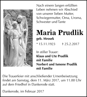 Traueranzeige von Maria Prudlik von Super Sonntag Quedlinburg