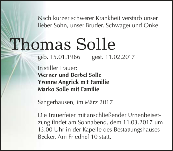 Traueranzeige von Thomas Solle von Mitteldeutsche Zeitung Sangerhausen