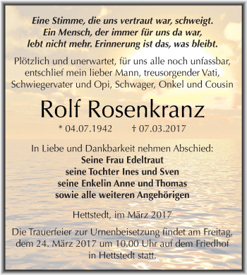 Traueranzeige von Rolf Rosenkranz von Super Sonntag SGH Mansf. Land
