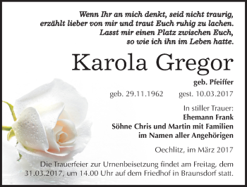 Traueranzeige von Karola Gregor von Mitteldeutsche Zeitung Merseburg/Querfurt