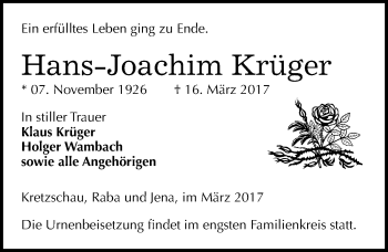 Traueranzeige von Hans-Joachim Krüger von Mitteldeutsche Zeitung Zeitz