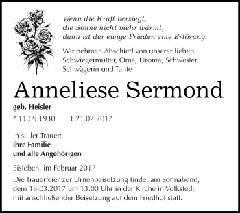Traueranzeige von Anneliese Sermond von Super Sonntag SGH Mansf. Land