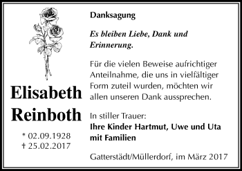 Traueranzeige von Elisabeth Reinboth von Mitteldeutsche Zeitung Merseburg/Querfurt