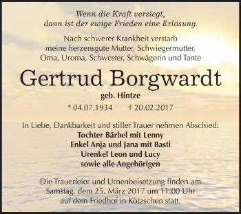 Traueranzeige von Gertrud Borgwardt von Super Sonntag Halle