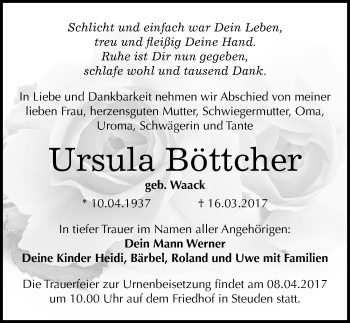 Traueranzeige von Ursula Böttcher von Mitteldeutsche Zeitung Halle/Saalkreis