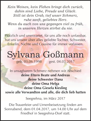 Traueranzeige von Sylvana Goßmann von Super Sonntag Wittenberg