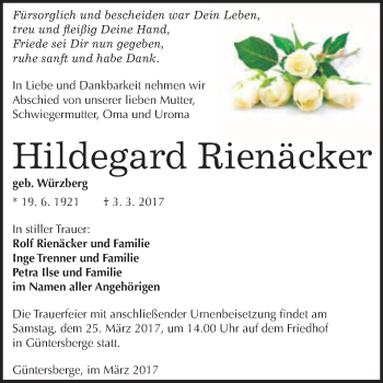 Traueranzeige von Hildegard Rienäcker von Super Sonntag Quedlinburg