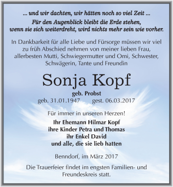 Traueranzeige von Sonja Kopf von Mitteldeutsche Zeitung Mansfelder Land