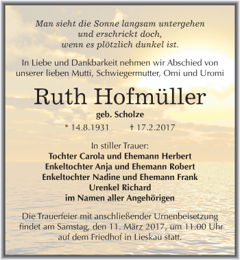 Traueranzeige von Ruth Hofmüller von Mitteldeutsche Zeitung Halle/Saalkreis