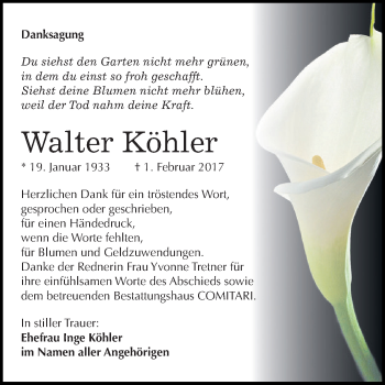 Traueranzeige von Walter Köhler von WVG - Wochenspiegel NMB / WSF / ZTZ