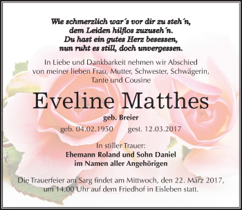 Traueranzeige von Eveline Matthes von Mitteldeutsche Zeitung Mansfelder Land