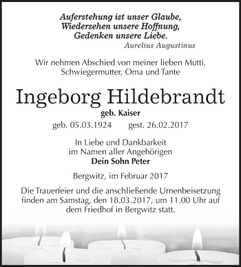 Traueranzeige von Ingeborg Hildebrandt von Super Sonntag Wittenberg