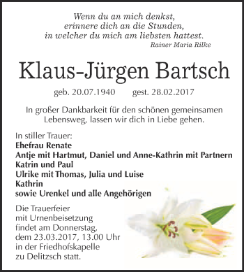 Traueranzeige von Klaus-Jürgen Bartsch von WVG - Wochenspiegel Bitterfeld