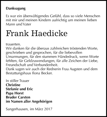 Traueranzeige von Frank Haedicke von Mitteldeutsche Zeitung Sangerhausen