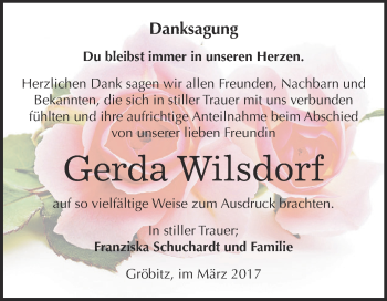 Traueranzeige von Gerda Wilsdorf von WVG - Wochenspiegel NMB / WSF / ZTZ