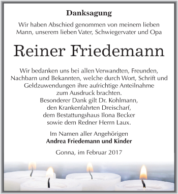 Traueranzeige von Reiner Friedemann von Mitteldeutsche Zeitung Sangerhausen