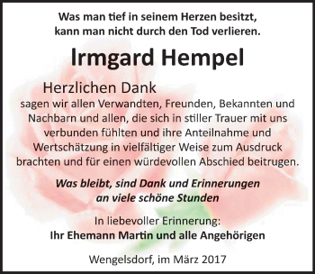 Traueranzeige von Irmgard Hempel von Mitteldeutsche Zeitung Weißenfels