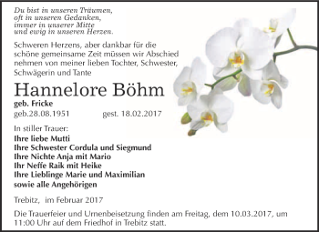 Traueranzeige von Hannelore Böhm von Super Sonntag Wittenberg