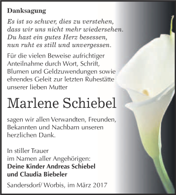 Traueranzeige von Marlene Schiebel von WVG - Wochenspiegel Bitterfeld