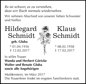 Traueranzeige von Hildegard und Klaus Schmidt von Mitteldeutsche Zeitung Bitterfeld