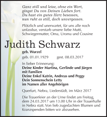 Traueranzeige von Judith Schwarz von Mitteldeutsche Zeitung Merseburg/Querfurt