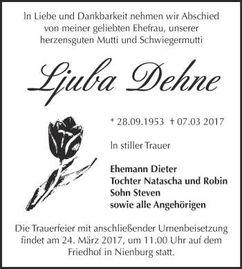 Traueranzeige von Ljuba Dehne von Super Sonntag Bernburg