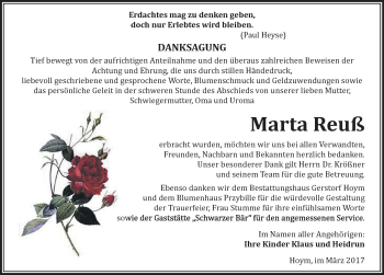 Traueranzeige von Marta Reuß von Mitteldeutsche Zeitung Aschersleben