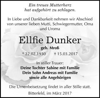 Traueranzeige von Ellfie Dunker von Mitteldeutsche Zeitung Bitterfeld