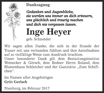 Traueranzeige von Inge Heyer von Super Sonntag Bernburg