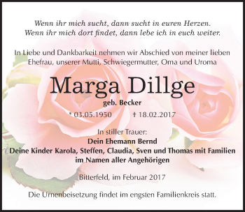 Traueranzeige von Marga Dillge von Mitteldeutsche Zeitung Bitterfeld