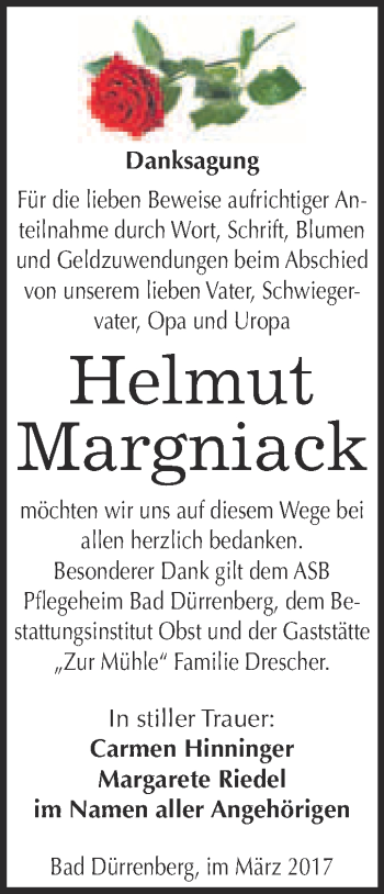 Traueranzeige von Helmut Margniack von Super Sonntag Halle