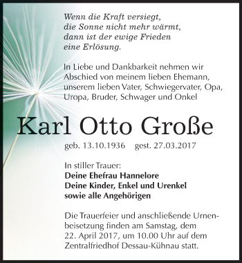 Traueranzeige von Karl Otto Große von Mitteldeutsche Zeitung Dessau-Roßlau