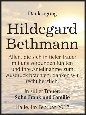 Traueranzeige von Hildegard Bethmann von Mitteldeutsche Zeitung Halle/Saalkreis