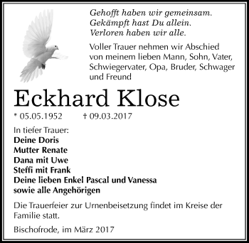 Traueranzeige von Eckhard Klose von Mitteldeutsche Zeitung Mansfelder Land