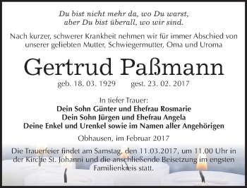 Traueranzeige von Gertrud Paßmann von Mitteldeutsche Zeitung Merseburg/Querfurt