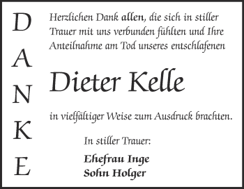 Traueranzeige von Dieter Kelle von WVG - Wochenspiegel Dessau / Köthen