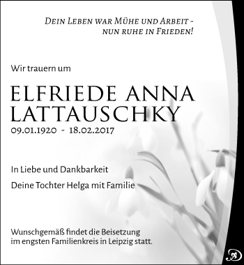 Traueranzeige von Elfriede Anna Lattauschky von Mitteldeutsche Zeitung Köthen