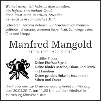 Traueranzeige von Manfred Mangold von Super Sonntag Halle