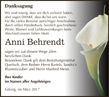 Traueranzeige von Anni Behrendt von WVG - Wochenspiegel Dessau / Köthen