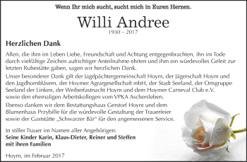 Traueranzeige von Willi Andree von Super Sonntag SGH Mansf. Land