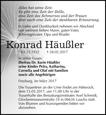 Traueranzeige von Konrad Häußler von Mitteldeutsche Zeitung Naumburg/Nebra