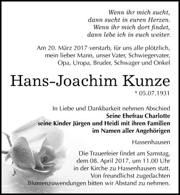 Traueranzeige von Hans-Joachim Kunze von Mitteldeutsche Zeitung Naumburg/Nebra