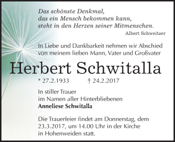Traueranzeige von Herbert Schwitalla von Mitteldeutsche Zeitung