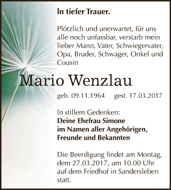 Traueranzeige von Mario Wenzlau von Super Sonntag SGH Mansf. Land