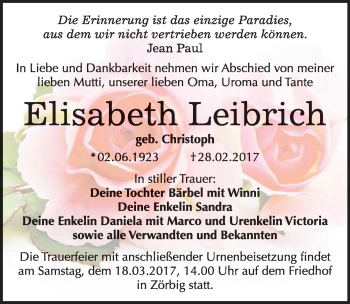 Traueranzeige von Elisabeth Leibrich von Mitteldeutsche Zeitung Bitterfeld