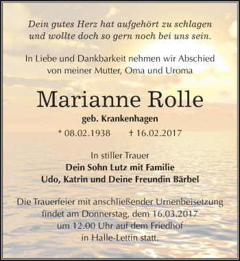 Traueranzeige von Marianne Rolle von Mitteldeutsche Zeitung Halle/Saalkreis